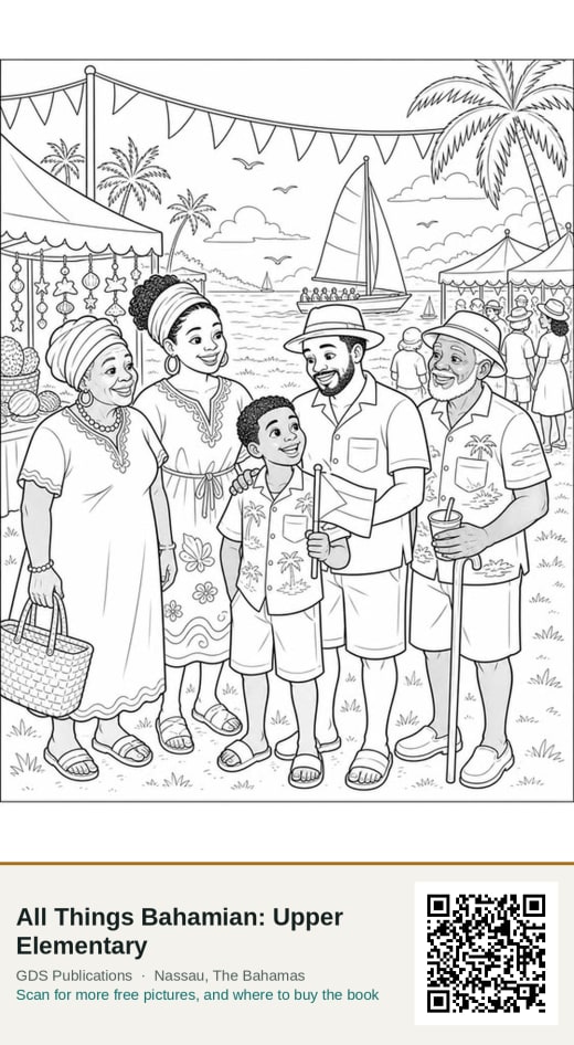 A colouring page: a family standing together at an island festival by the water.