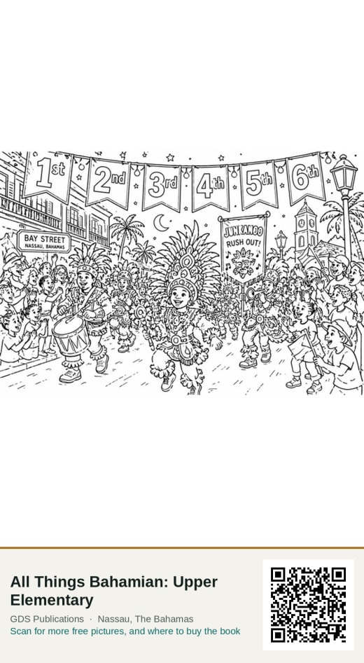 A colouring page: a Junkanoo rush out on Bay Street, Nassau, with drummers and a feathered costume.