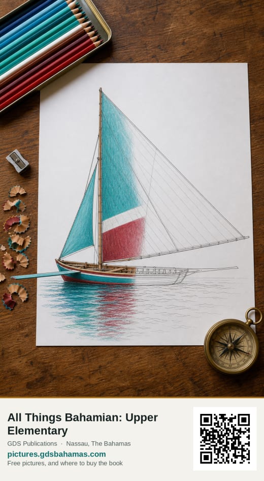 An outline drawing of a single-masted Bahamian sloop, half filled in with coloured pencil.