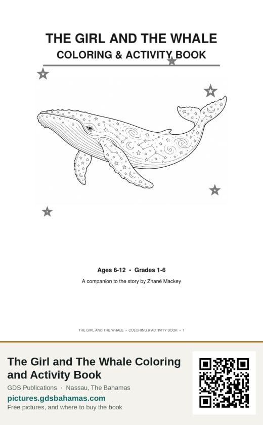 The title page of The Girl and The Whale Coloring and Activity Book, with a whale outline to colour.