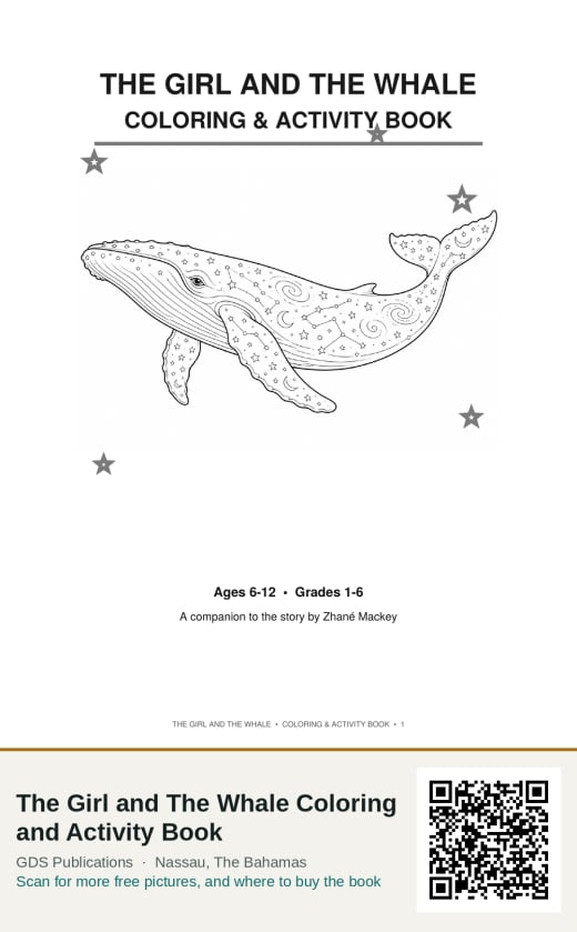 The title page of The Girl and The Whale Coloring and Activity Book, with a whale outline to colour.