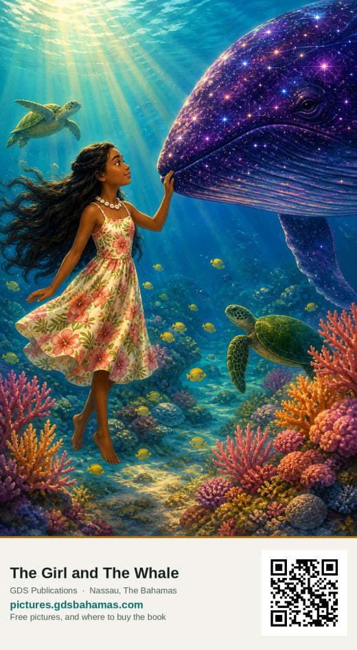 Anna, a girl of about thirteen in a floral sundress with long dark hair, underwater at a coral reef reaching to touch the nose of an enormous purple starfield whale, among turtles and fish.