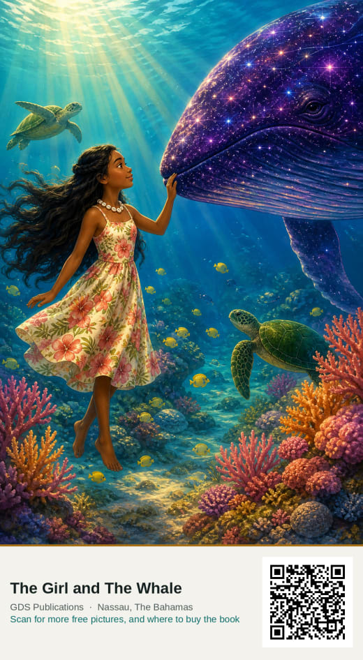 Anna, a girl of about thirteen in a floral sundress with long dark hair, underwater at a coral reef reaching to touch the nose of an enormous purple starfield whale, among turtles and fish.
