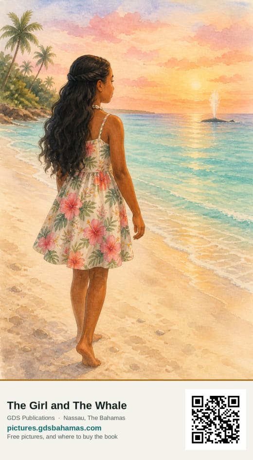 A soft watercolour of Anna walking barefoot along a pale sand beach at sunset, looking out to where a whale spouts far offshore.