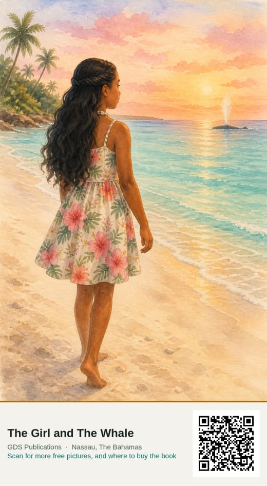 A soft watercolour of Anna walking barefoot along a pale sand beach at sunset, looking out to where a whale spouts far offshore.