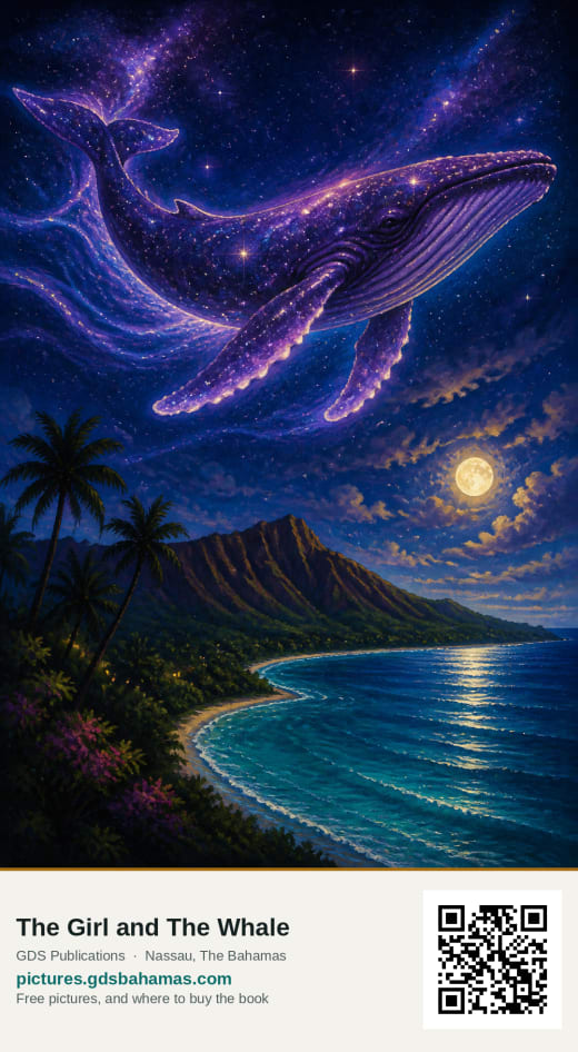 A humpback whale made of purple starfield swimming through the night sky above a moonlit island.