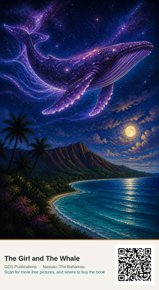 A humpback whale made of purple starfield swimming through the night sky above a moonlit island.