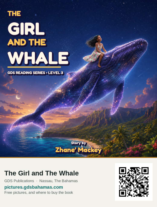 The cover of The Girl and The Whale: a girl riding a purple starfield whale through the night sky above an island.