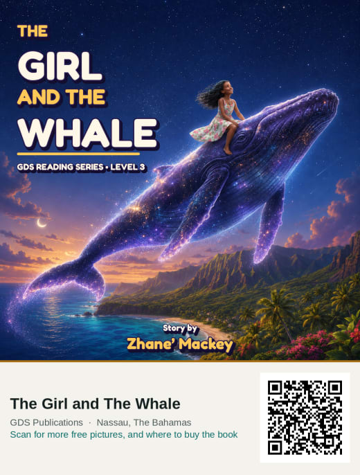 The cover of The Girl and The Whale: a girl riding a purple starfield whale through the night sky above an island.