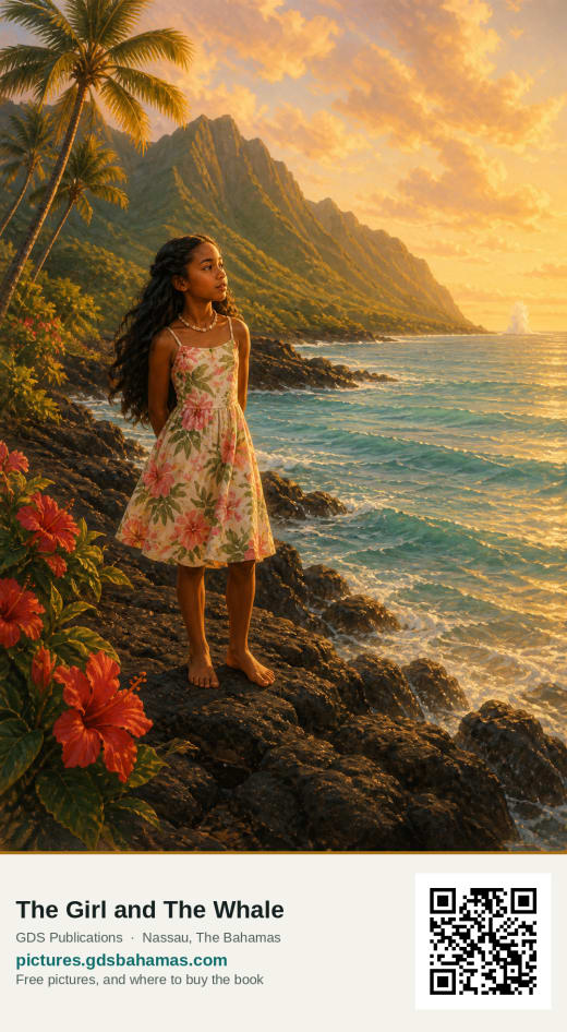 Anna standing barefoot on volcanic rock at a Hawaiian shoreline at golden hour, green mountains and red hibiscus behind her, looking out to sea.