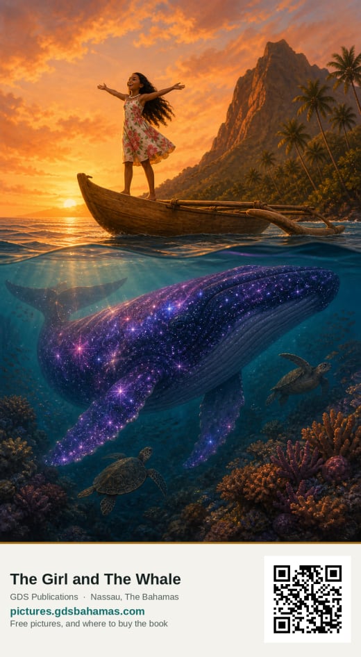 Anna standing arms wide on a small outrigger canoe at sunset, with an enormous purple starfield whale gliding beneath the water below her.