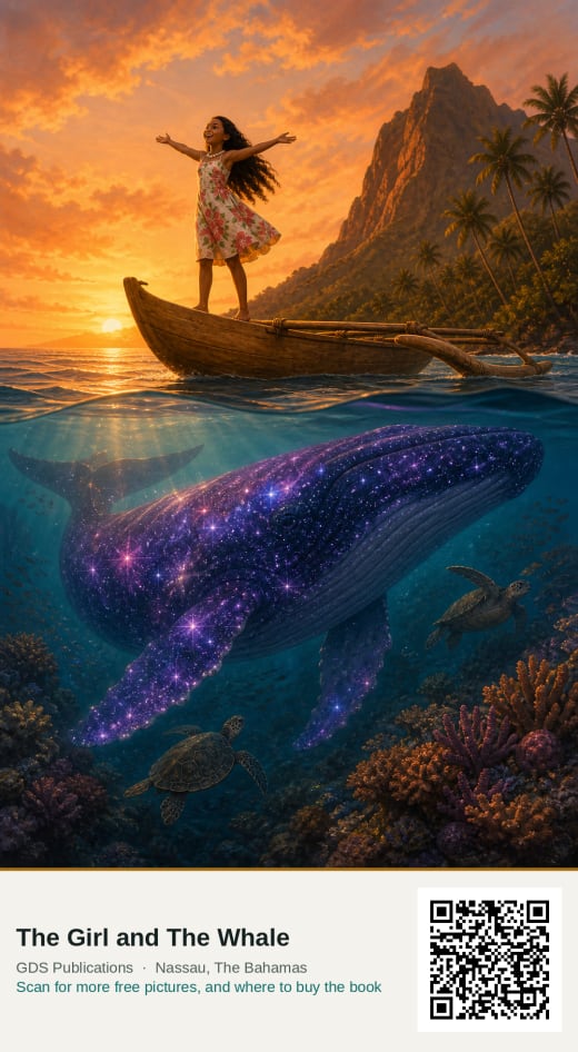 Anna standing arms wide on a small outrigger canoe at sunset, with an enormous purple starfield whale gliding beneath the water below her.