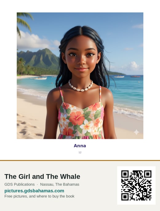 Anna, a Black girl in a floral sundress and shell necklace, standing on a beach with green mountains behind her.