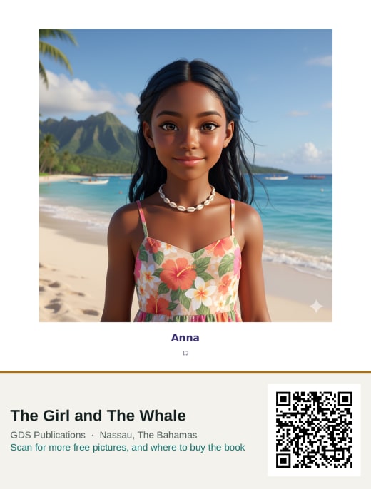 Anna, a Black girl in a floral sundress and shell necklace, standing on a beach with green mountains behind her.