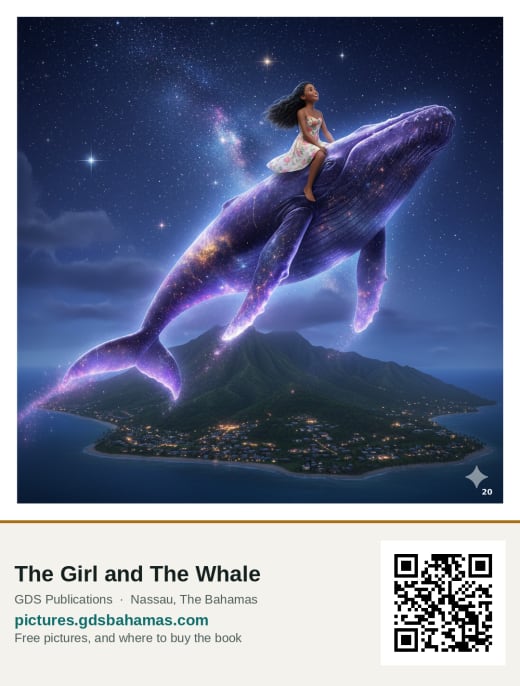 A girl sitting astride a glowing purple whale flying above a lit island at night.