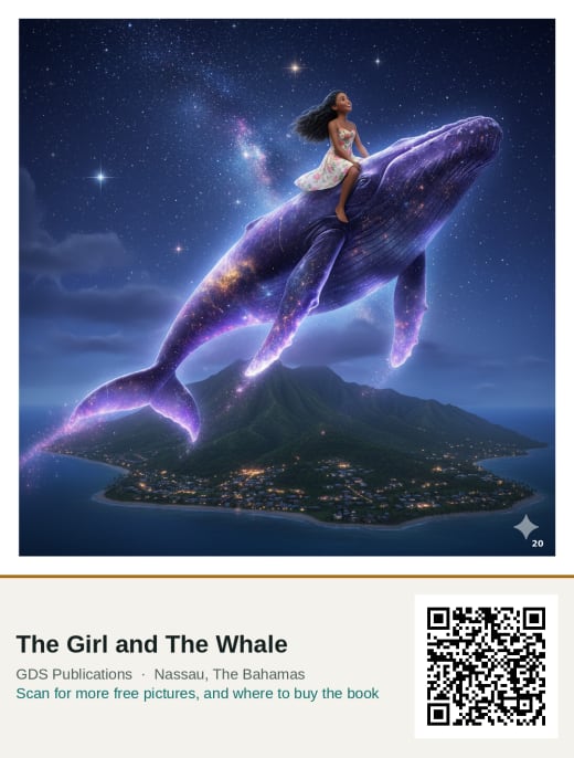 A girl sitting astride a glowing purple whale flying above a lit island at night.