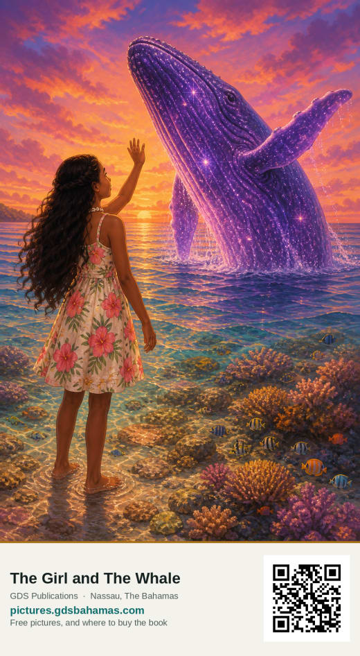 Anna standing in shallow water over a coral reef at sunset, one hand raised, as a glowing purple starfield whale rises out of the water in front of her.