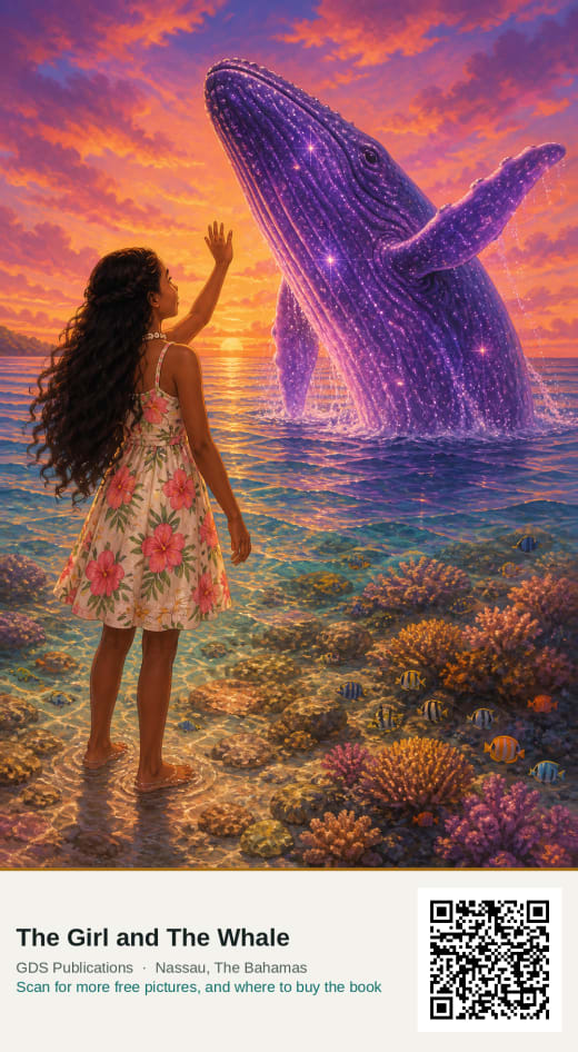 Anna standing in shallow water over a coral reef at sunset, one hand raised, as a glowing purple starfield whale rises out of the water in front of her.