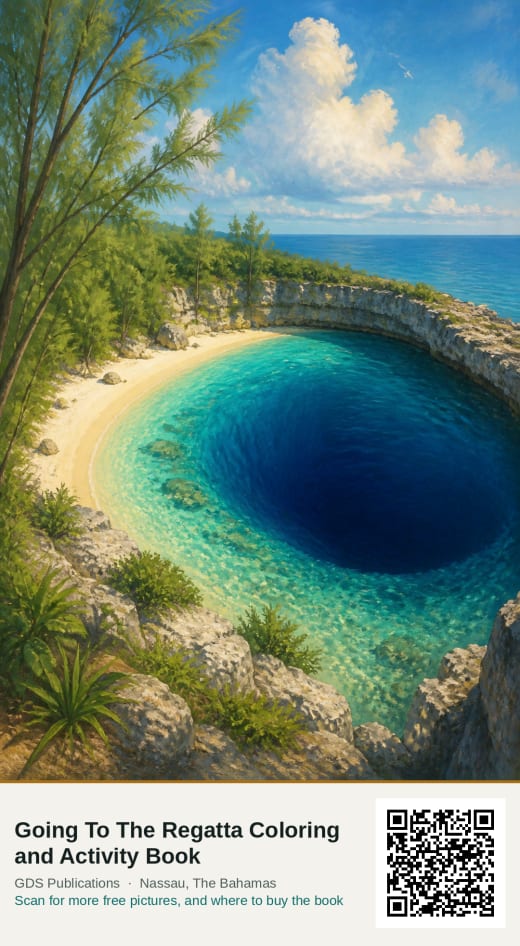 Dean’s Blue Hole, a deep circle of dark water inside a pale turquoise bay ringed by limestone.