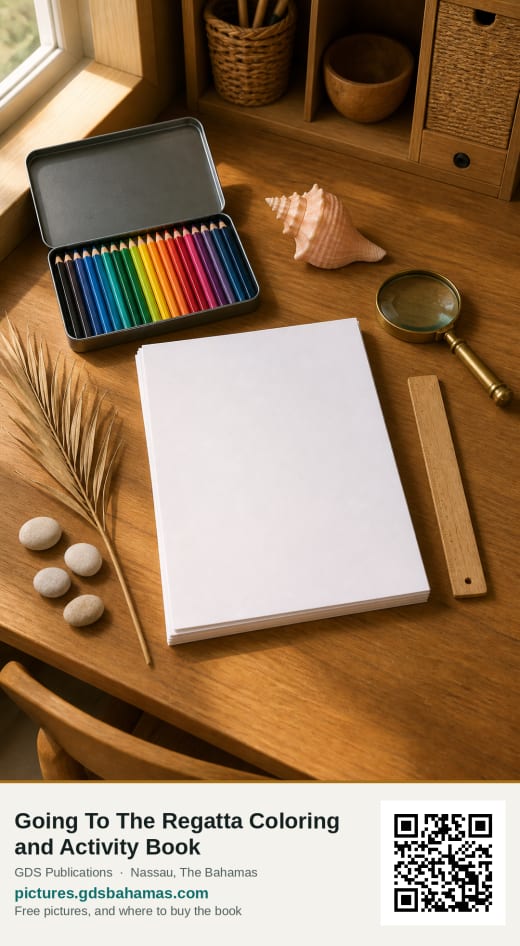 A school desk with blank drawing paper, coloured pencils, a conch shell and a magnifying glass.