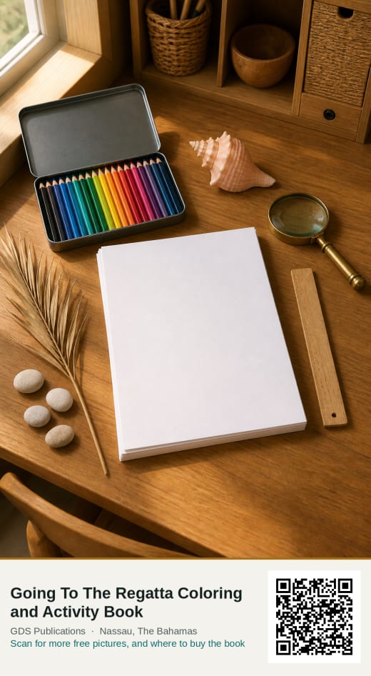 A school desk with blank drawing paper, coloured pencils, a conch shell and a magnifying glass.