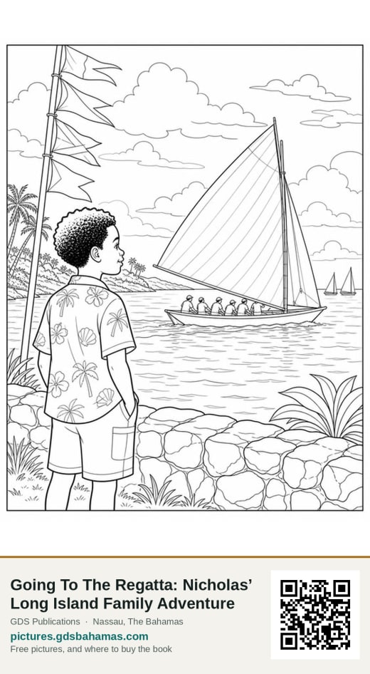 A colouring page: a boy on a rocky shore watching a crewed sloop race past.