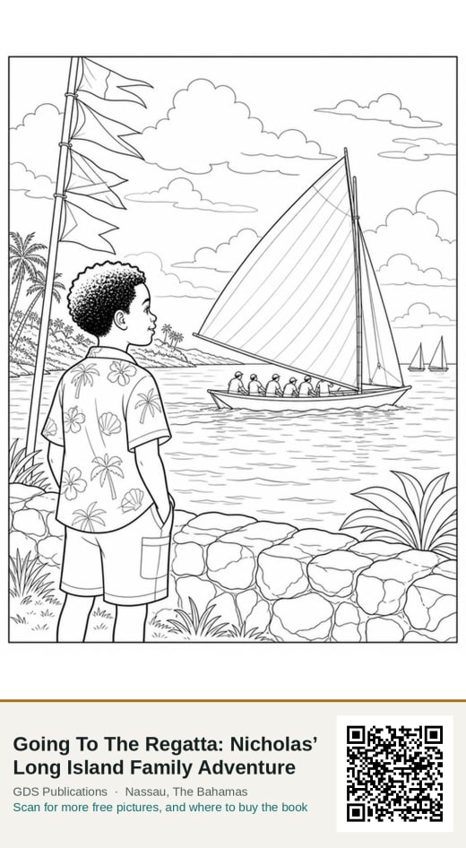 A colouring page: a boy on a rocky shore watching a crewed sloop race past.