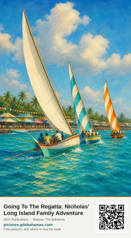 Three Bahamian sloops under full sail racing past a line of festival tents.