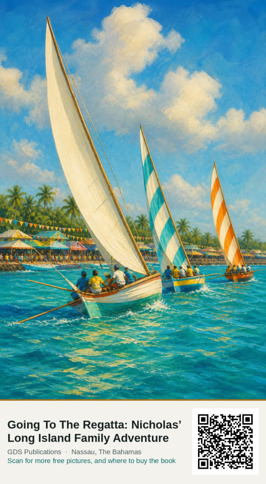 Three Bahamian sloops under full sail racing past a line of festival tents.
