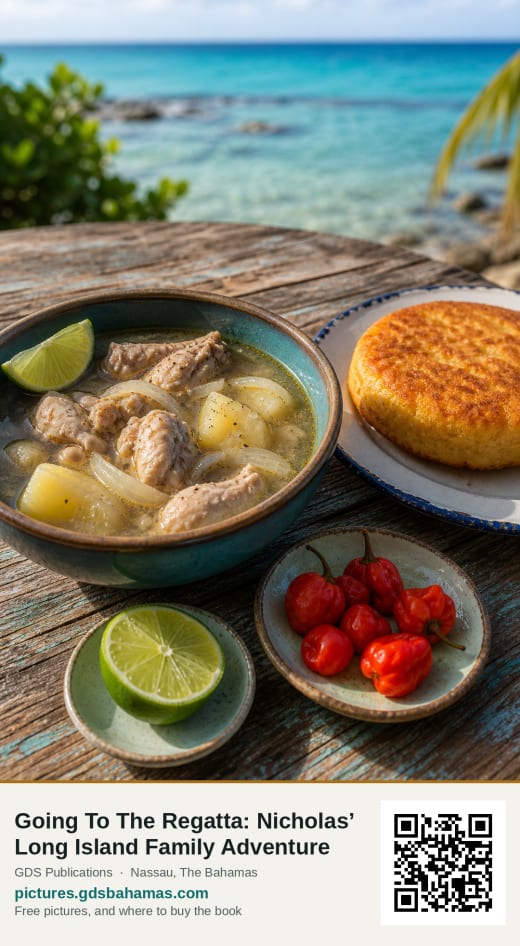 A bowl of chicken souse with lime, a golden johnny cake and a dish of red bird peppers on a table by the sea.