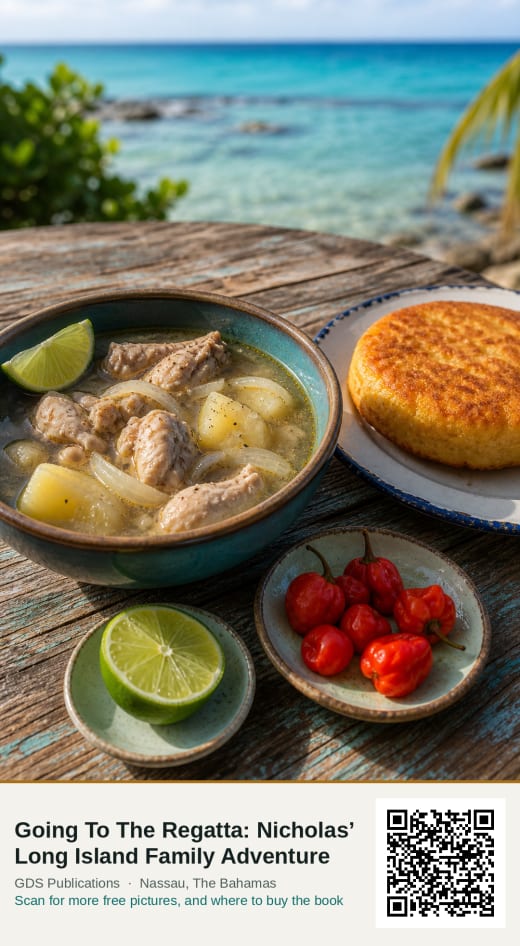 A bowl of chicken souse with lime, a golden johnny cake and a dish of red bird peppers on a table by the sea.