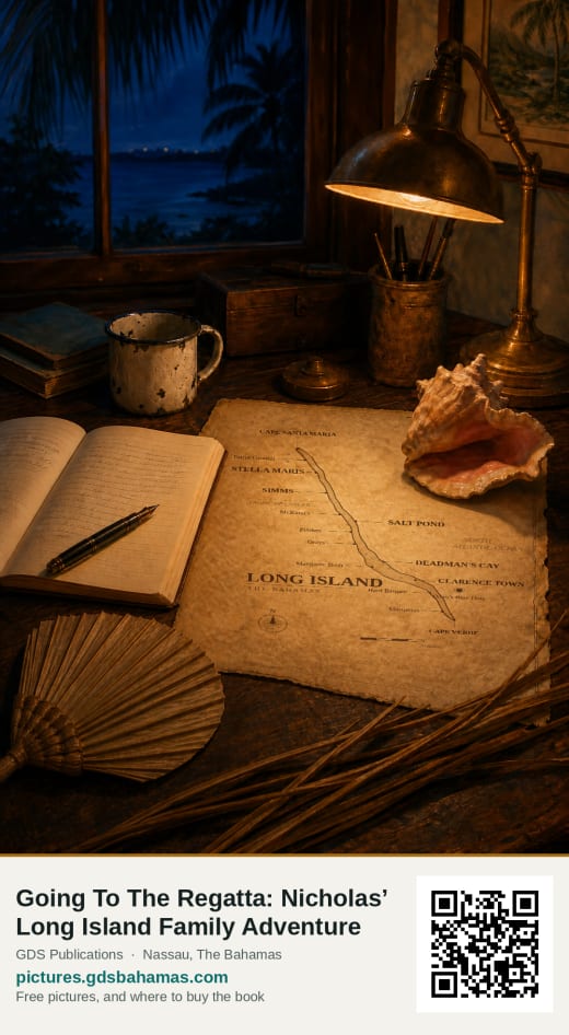 A writer’s desk at night with a hand-drawn ink map of Long Island, a conch shell and a straw fan.