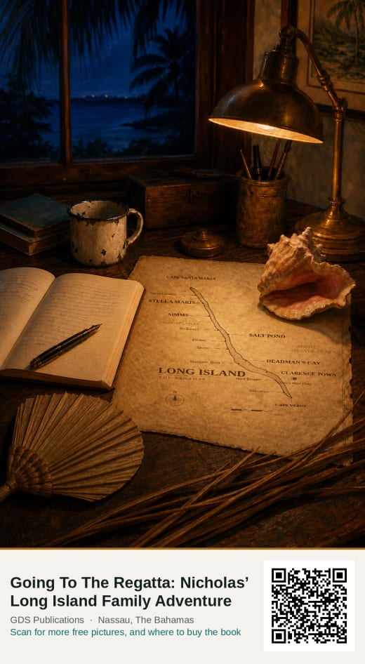 A writer’s desk at night with a hand-drawn ink map of Long Island, a conch shell and a straw fan.