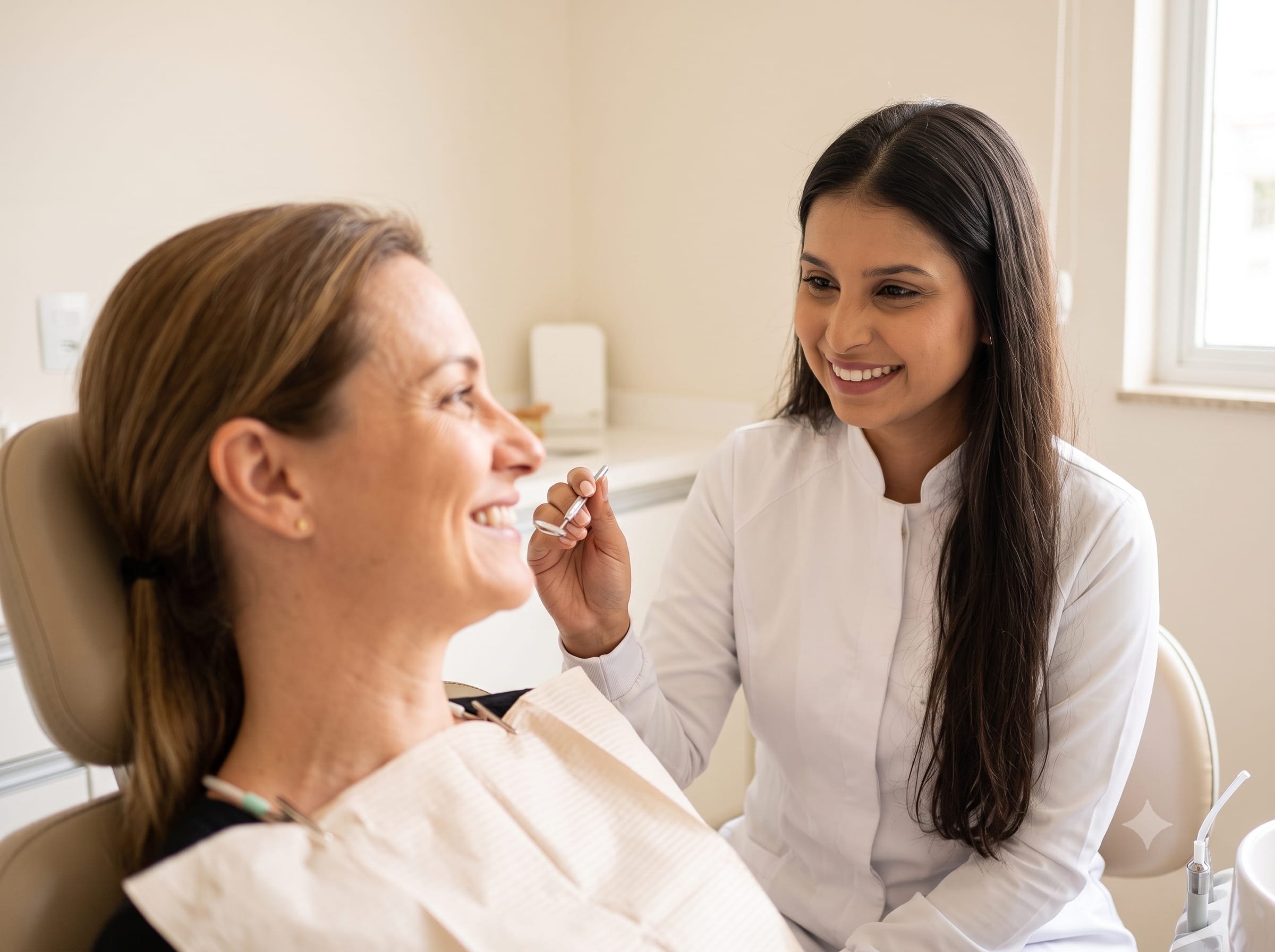 Dentista avaliando a cor dos dentes da paciente com escala profissional