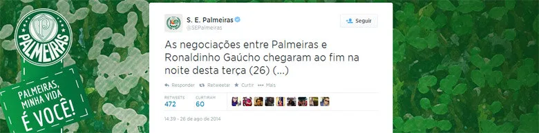 Palmeiras encerra negociações com Ronaldinho e frustra torcida no dia do centenário