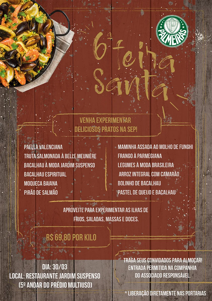 Restaurante do Verdão tem menu reachado de frutos do mar na Sexta-feira Santa