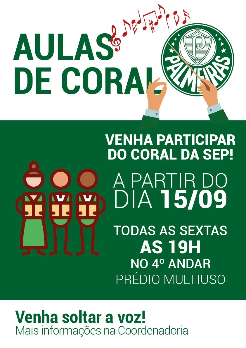 Inscreva-se nas aulas gratuitas de coral no Palmeiras às sextas-feiras