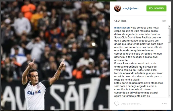 Jadson posta mensagem de despedida para a Fiel em rede social