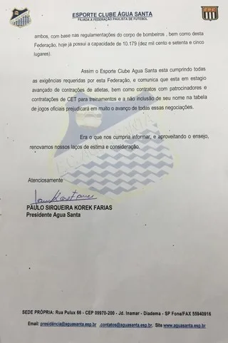 Após veto, Água Santa assegura ter enviado garantias para liberar estádio