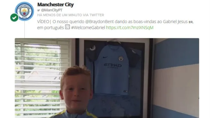 Braydon Bent: Torcedor mirim do City dá boas-vindas a Gabriel Jesus