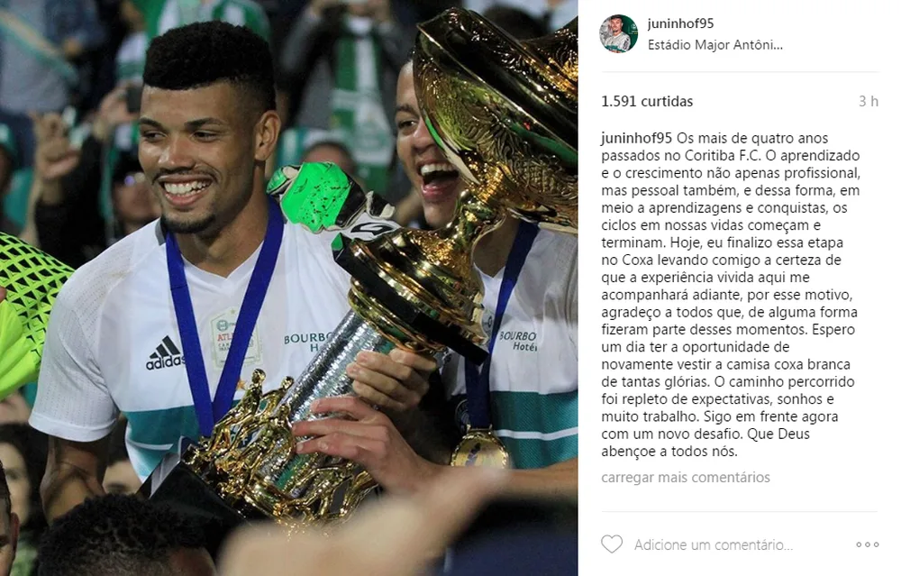  À espera de anúncio no Palmeiras, Juninho se despede do Coritiba: 