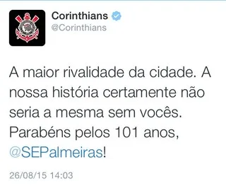 No Twitter, Corinthians parabeniza Palmeiras pelo aniversário de 101 anos