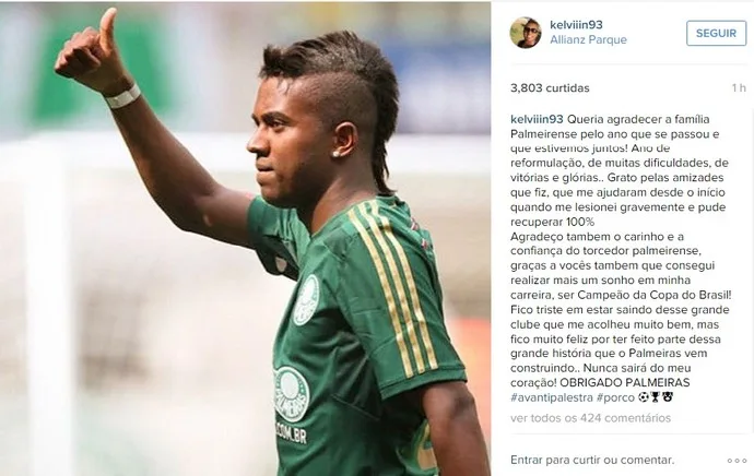 Kelvin se despede do Palmeiras em rede social: 'Nunca sairá do coração'