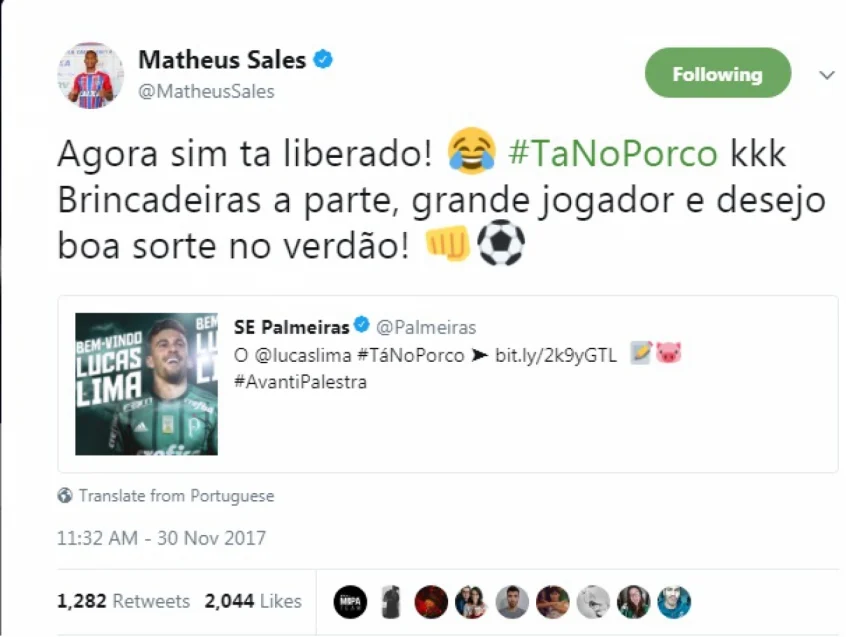 Matheus Sales dá boas-vindas a Lucas Lima no Verdão: 'Tá liberado'