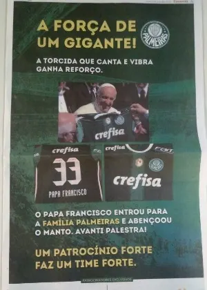 Crefisa usa Papa Francisco em propaganda de parceria com o Palmeiras