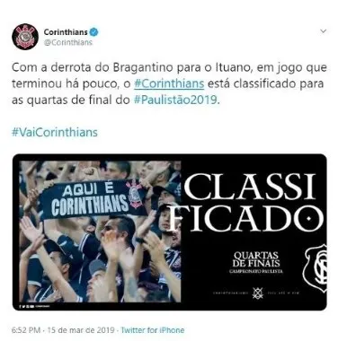 Corinthians comemora classificação mesmo sem vaga garantida e depois apaga