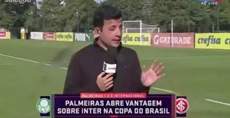 Repórter do SporTV é surpreendido por jato d’água ao vivo no CT do Palmeiras; assista