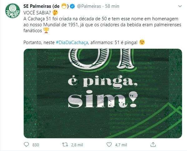 51 é pinga? Veja a postagem do Verdão no Dia Nacional da Cachaça