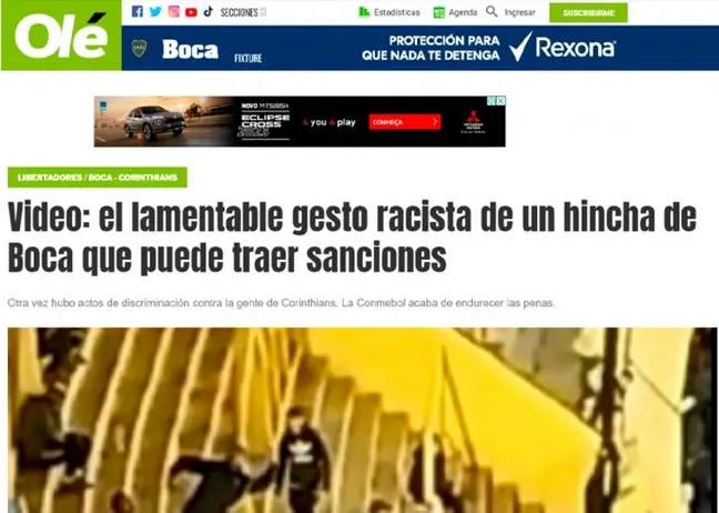 Principal jornal esportivo da Argentina condena atos racistas da torcida do Boca