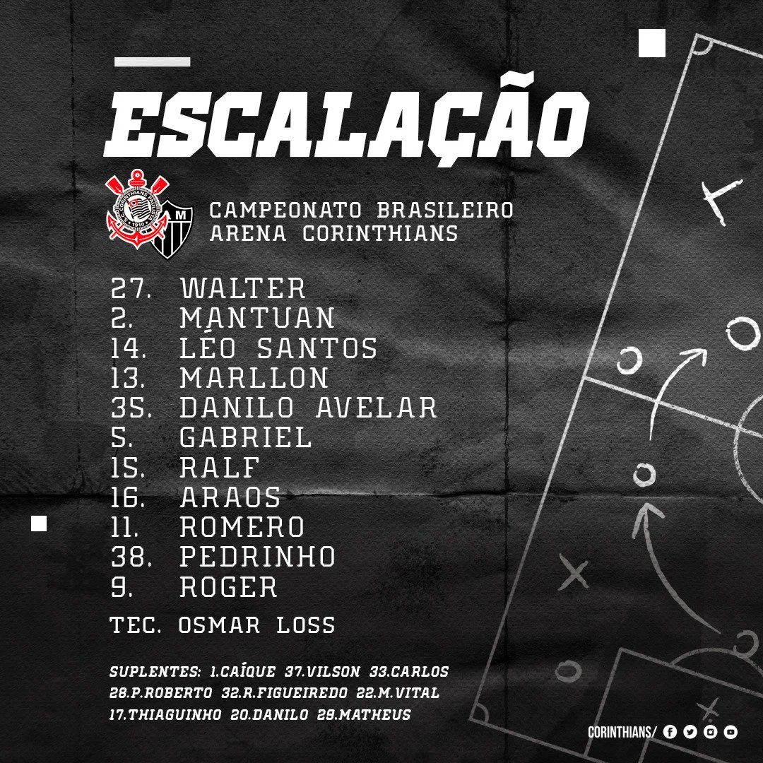 Veja a escalação do Corinthians para a partida contra o Atlético-MG